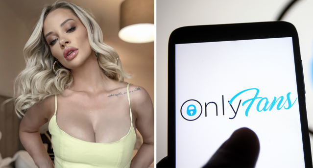 Vanessa Bohorquez, una popular creadora de OnlyFans con un vestido amarillo junto al logo de OnlyFans